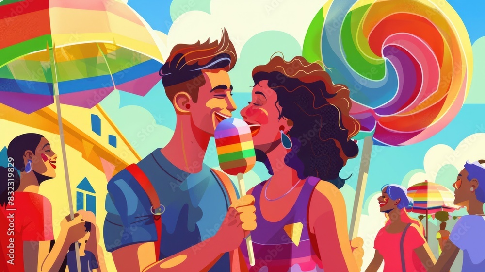 A whimsical cartoon couple savors a giant rainbow lollipop together at a Pride Month festival A whimsical cartoon couple savors a giant rainbow lollipop together at a Pride Month festival