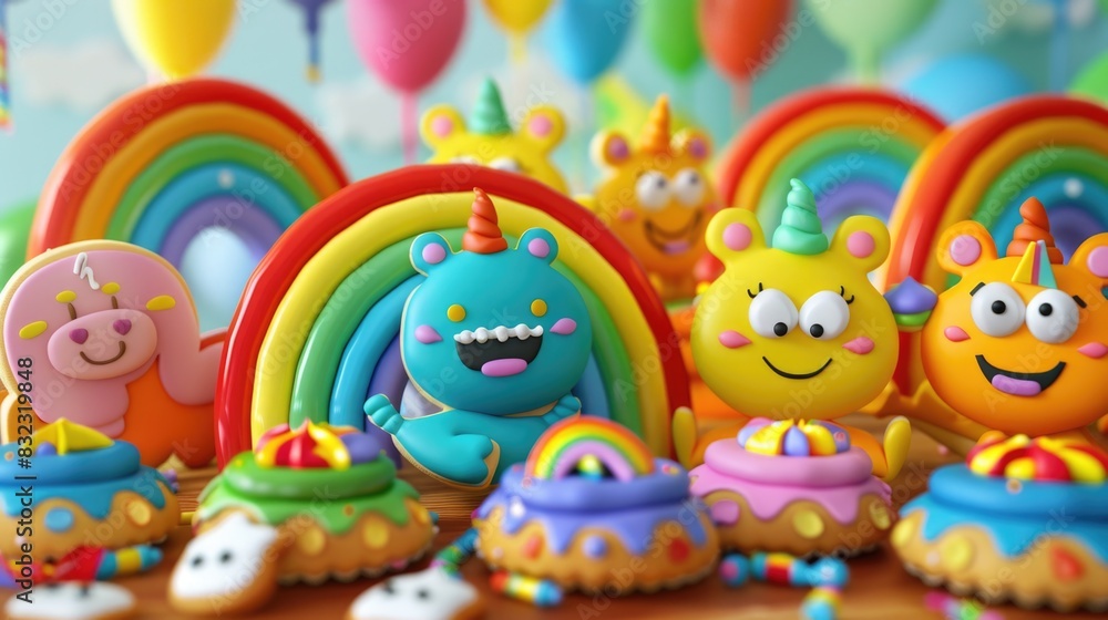Adorable 3D cartoon animals nibble on rainbow cookies at a joyful Pride Month party Adorable 3D cartoon animals nibble on rainbow cookies at a joyful Pride Month party