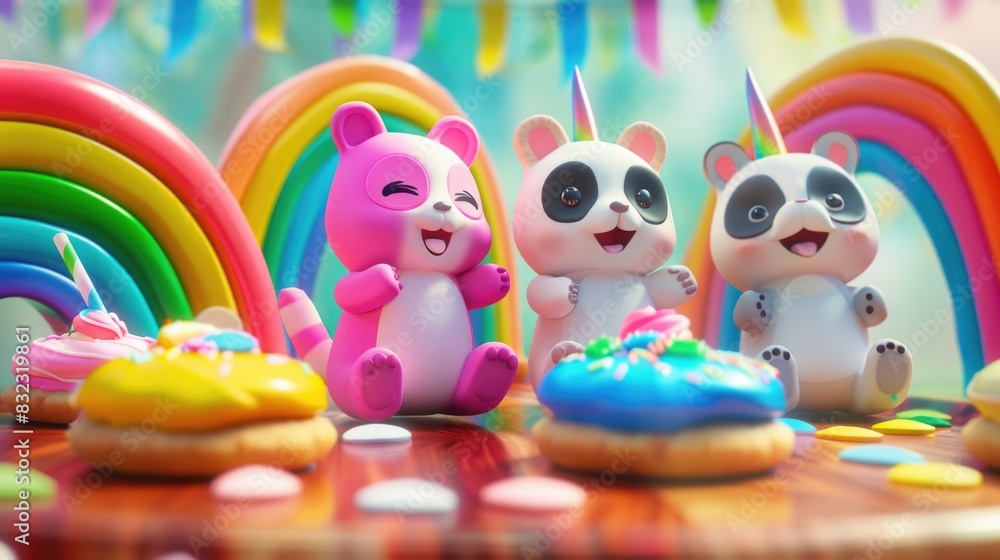 Adorable 3D cartoon animals nibble on rainbow cookies at a joyful Pride Month party Adorable 3D cartoon animals nibble on rainbow cookies at a joyful Pride Month party