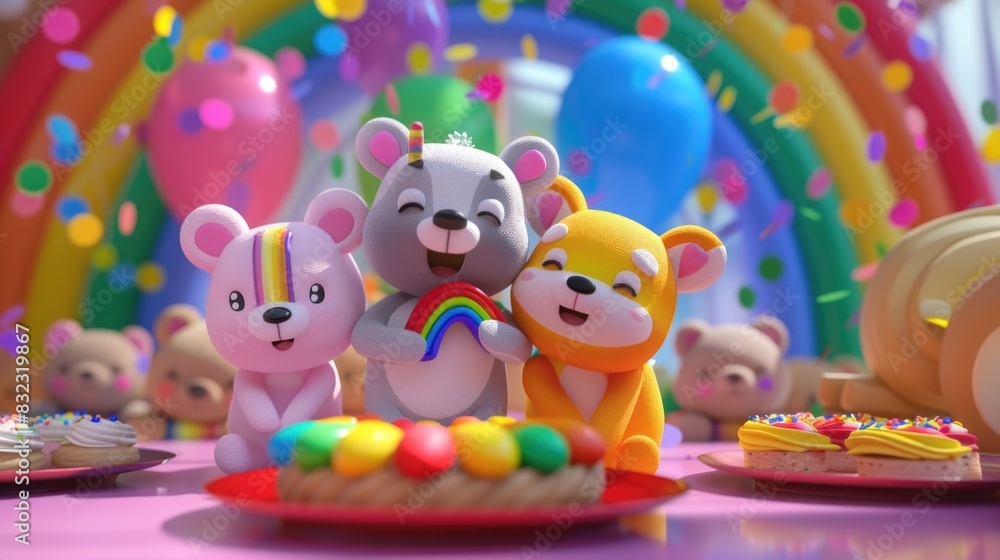 Fototapeta premium Adorable 3D cartoon animals nibble on rainbow cookies at a joyful Pride Month party