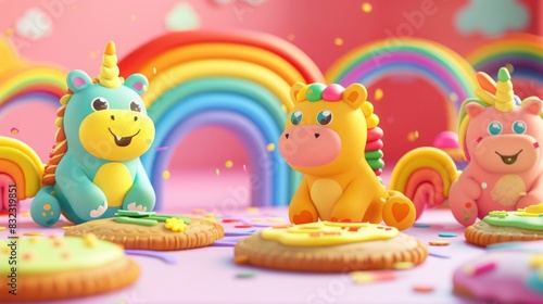 Adorable 3D cartoon animals nibble on rainbow cookies at a joyful Pride Month party © Thanawat_Suesoypan