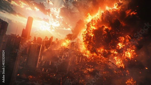Massive fireball in urban destruction scene with intense flames and smoke photo