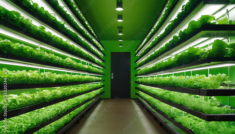 A modern indoor vertical farm with rows of lush green leafy plants growing under LED lights. Ideal for illustrating sustainable agriculture, urban farming, or food technology. A modern indoor vertical farm with rows of lush green leafy plants growing under LED lights. Ideal for illustrating sustainable agriculture, urban farming, or food technology.
