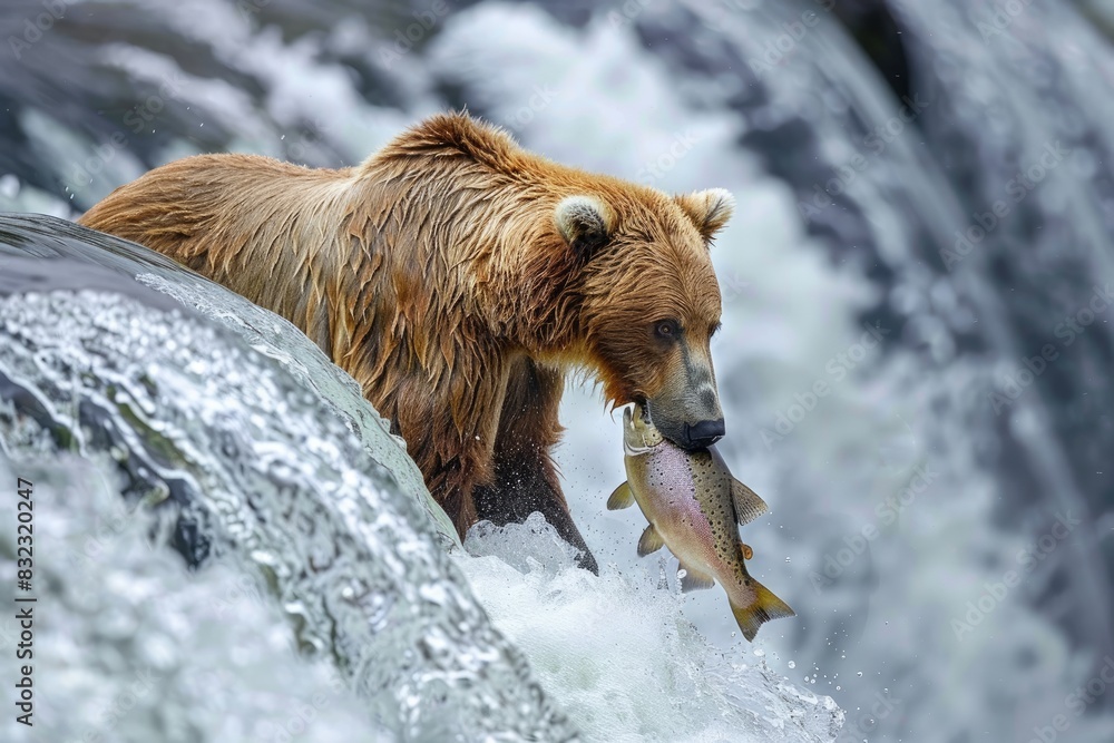 Fototapeta premium Grizzly Bear Catching Salmon in Rapids