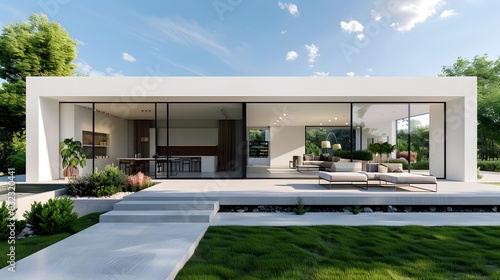 A modern minimalist house with large windows and a concrete floor  surrounded by green grass in the background. showcasing a spacious patio area with seating and plants.