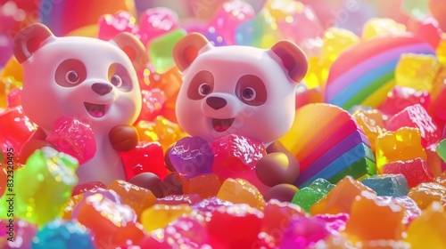 Adorable 3D cartoon animals nibble on rainbow rock candy at a vibrant Pride Month festival