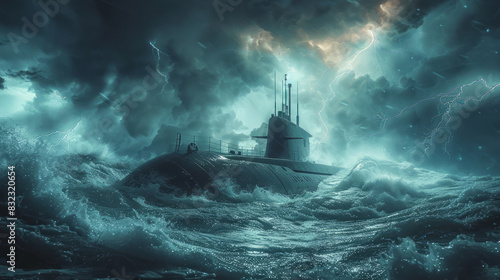 Submarine caught in tumultuous sea with fierce lightning overhead