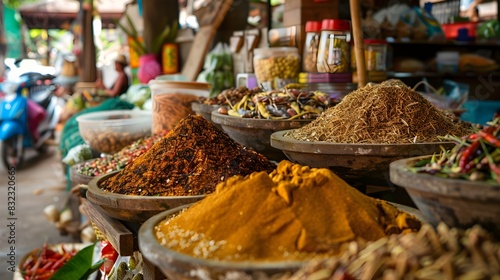 Vibrant Displays of Exotic Spices at a Traditional Thai Market