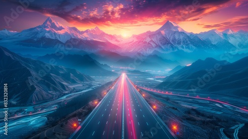 A vivid highway leads through majestic mountain range at sunset, showcasing breathtaking natural beauty and vibrant sky colors.