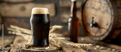 dark beer bottle, dark glass of foamy cold brown and black ale in front of wooden barrel with wheat ears on old table, commercial photo, with empty copy space
