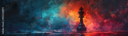 Abstract chess king piece on a vibrant, colorful background; concept of strategy, leadership, and power in a mystical setting. photo