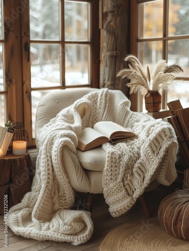 A side view of a person sitting in a cozy chair, reading a book with a soft blanket over their legs. The minimalist setting emphasizes the comfort and relaxation of self-care routines.