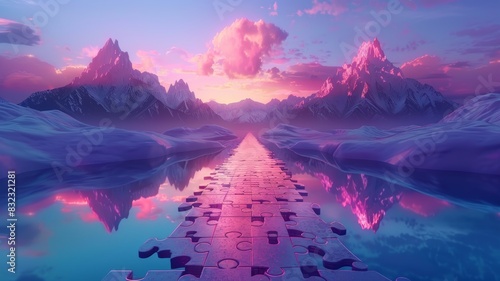 Dreamy sunset over a surreal, reflective landscape with a path leading through purple-hued mountains and calm waters photo