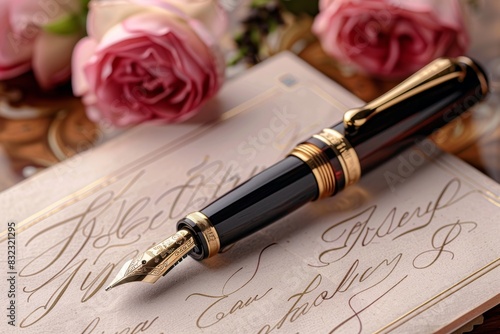 Elegant fountain pen placed on handwritten letter with roses in the background, showcasing timeless elegance and classic calligraphy.