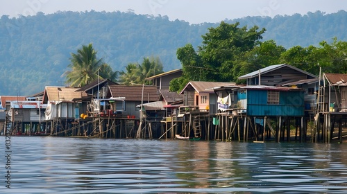 Traditional Stilt Houses in a Coastal Fishing Village of Southern Thailand photo