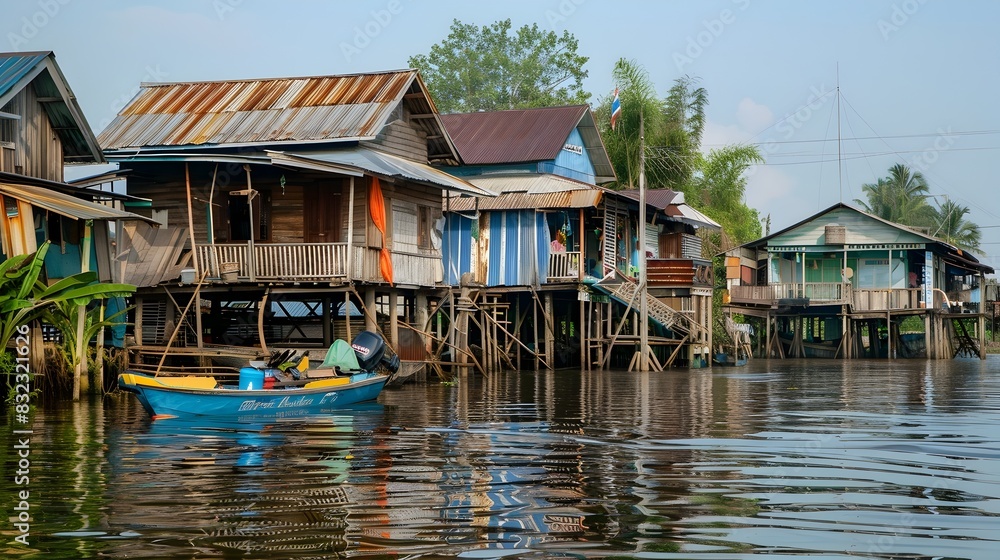 Fototapeta premium Tranquil Stilt Village Nestled on Tropical Waterfront in Southern Thailand