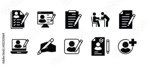 Registration icon set. Containing added identity document data, receptionist, register online, sign up, create or edit or write information or form with pencil on paper. Vector illustration