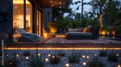 A night photo of an elegant outdoor deck with a quality wooden floor, comfortable seating, and ambient lighting. The inviting atmosphere is enhanced by modern LED light fixtures. photo