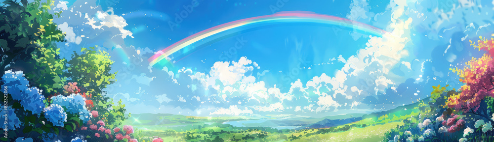 A rainbow appears in the sky, with blue and white clouds floating above the green grassland where hydrangeas are blooming on both sides