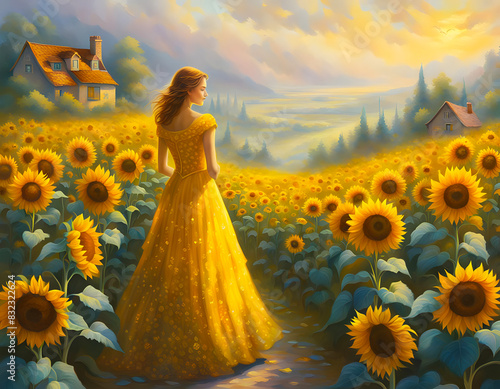 A beautiful young woman with long brunette hair and a yellow dress stands in a field of sunflowers photo