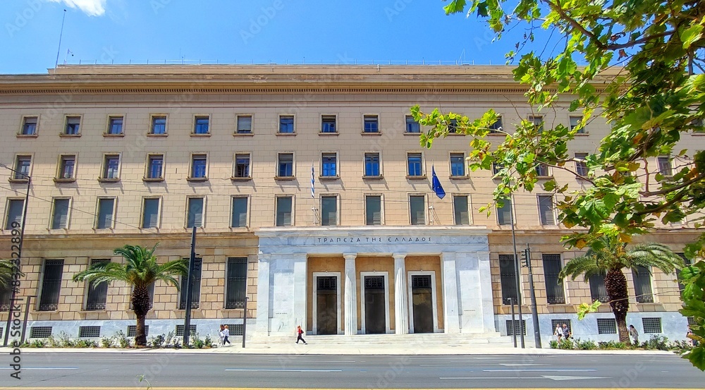 Exterior view of the Bank of Greece (TTE), located on Panepistimiou street in downtown Athens, Greece. Exterior view of the Bank of Greece (TTE), located on Panepistimiou street in downtown Athens, Greece.