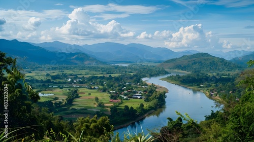 Lush Tropical Valley with Winding River in Northern Thailand s Golden Triangle Region