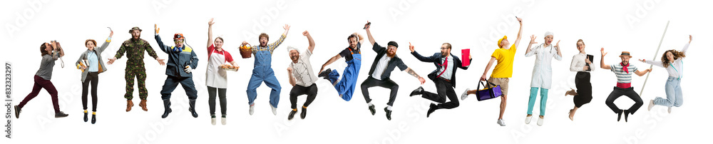 Different people, men and women showing various professions, posing in uniform against white background. Collage. Concept of profession,. employment, diversity, choice Different people, men and women showing various professions, posing in uniform against white background. Collage. Concept of profession,. employment, diversity, choice