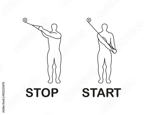 Exercise for the back and arm, sports exercise on a gym simulator, line drawing of a person doing sports.