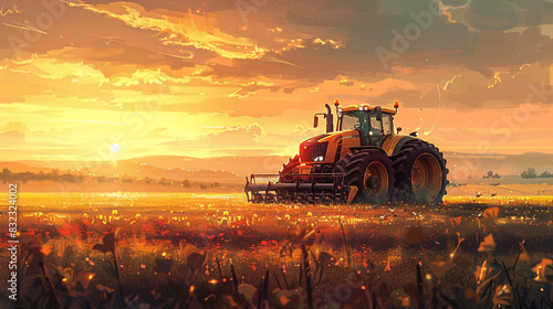 Smart farming with automated tractors, lush fields, sunrise, warm colors, digital illustration photo