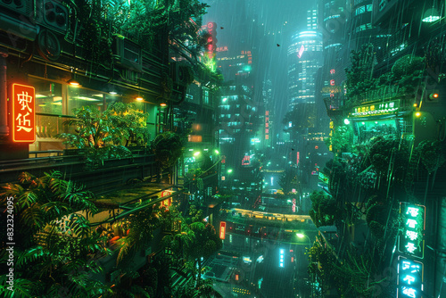 Vertical garden in a futuristic city  neon lights  urban jungle  cyberpunk style  digital painting