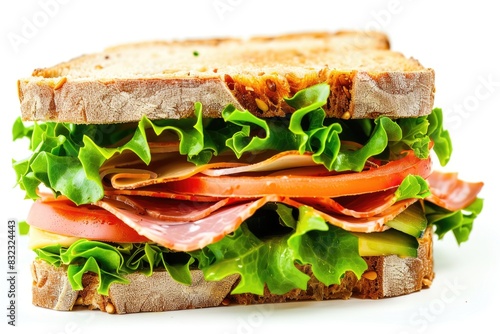 Delicious Sandwich with Crisp Bacon, Fresh Lettuce, and Tomato on White Background