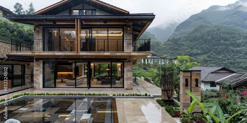 A two-story villa in the mountains of Guizhou, surrounded by terraced fields  photo