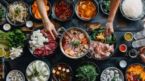A top-down view of a Shabu Shabu table setup, complete with dipping sauces, fresh ingredients, and hot pots photo