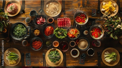 A top-down view of a Shabu Shabu table setup, complete with dipping sauces, fresh ingredients, and hot pots