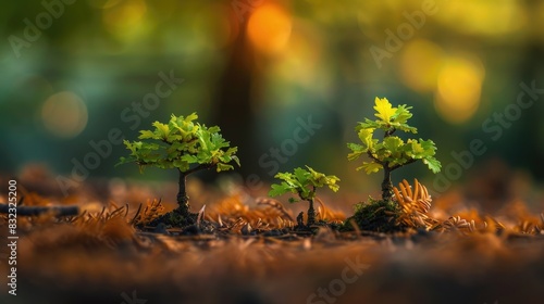 Tiny oak trees flourish amidst the leaves photo