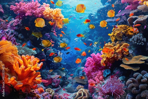 Colorful coral reef teeming with tropical fish and marine life  vibrant hues  photorealistic  serene and lively 