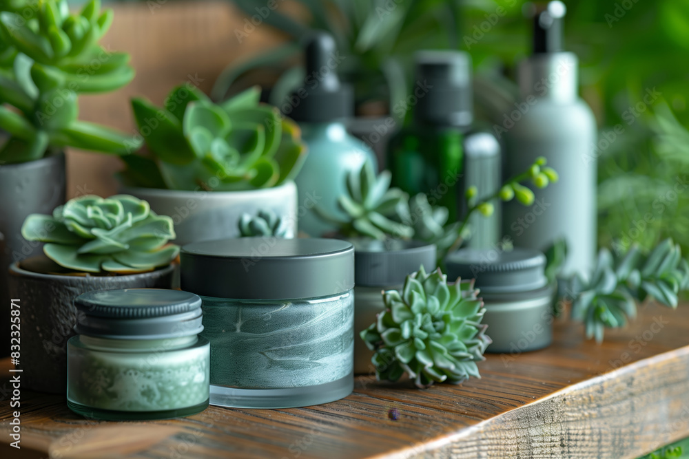 Elegant skincare products in glass containers surrounded by green succulents on a wooden table with a natural, eco-friendly atmosphere.