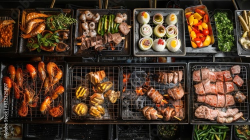 A top-down view of a Thai BBQ setup, with multiple grills and an array of meats, seafood, and vegetables