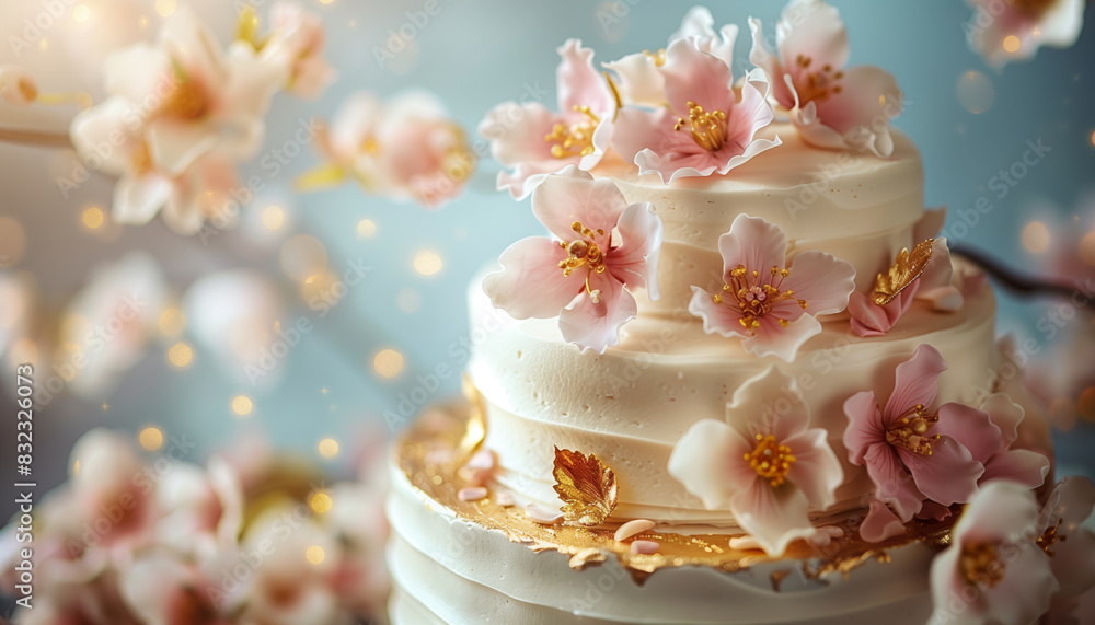 Elegant white wedding cake adorned with delicate pink cherry blossoms and soft lighting, creating a romantic and dreamy atmosphere. Elegant white wedding cake adorned with delicate pink cherry blossoms and soft lighting, creating a romantic and dreamy atmosphere.