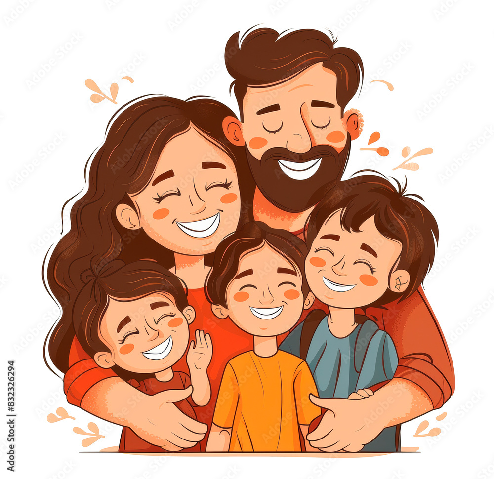 Cheerful and heartwarming illustration of a happy family of five, all smiling and embracing each other. Cheerful and heartwarming illustration of a happy family of five, all smiling and embracing each other.