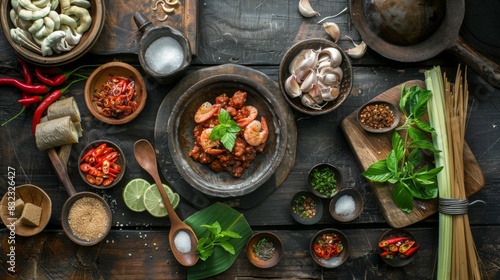 A top-down view of a traditional Thai cooking setup, featuring shrimp paste, tamarind, and palm sugar on a rustic table photo