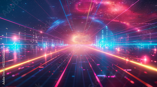 Futuristic neon lights and data streams in a digital cyber space  depicting a high-tech  sci-fi environment with a vibrant energy.