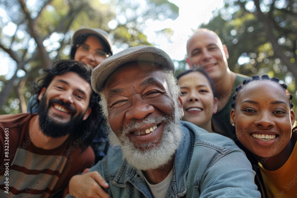 Portrait of a group of friends smiling at the camera in the park Portrait of a group of friends smiling at the camera in the park