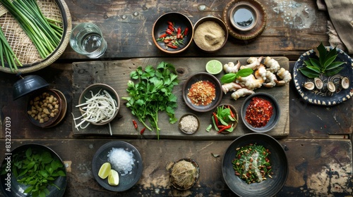 A top-down view of a traditional Thai cooking setup  featuring shrimp paste  tamarind  and palm sugar on a rustic table
