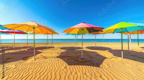 Vibrant beach umbrellas casting colorful shadows on golden sand under a clear blue sky