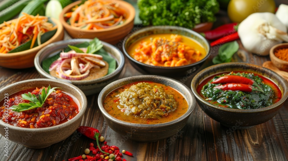 A variety of Thai curry pastes in bowls, including red, green, and yellow, displayed with fresh ingredients in the background A variety of Thai curry pastes in bowls, including red, green, and yellow, displayed with fresh ingredients in the background