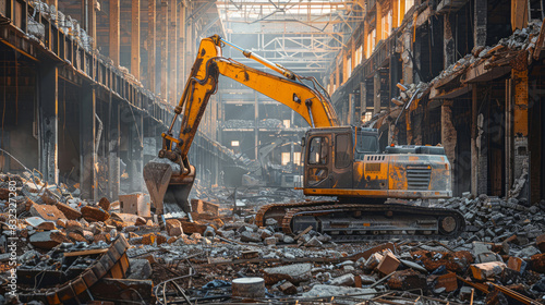 Heavy machinery operating amidst rubble in dilapidated factory setting photo