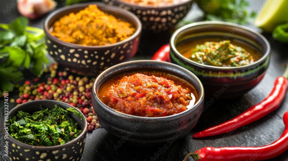 A variety of Thai curry pastes in bowls, including red, green, and yellow, displayed with fresh ingredients in the background A variety of Thai curry pastes in bowls, including red, green, and yellow, displayed with fresh ingredients in the background