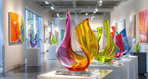 A vibrant display of colorful glass sculptures in an art gallery, showcasing the fluidity and elegance that liquid shapes can convey through modern design.  photo