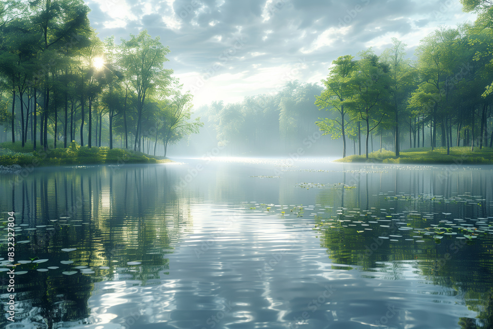 Fototapeta premium Tranquil lake scene surrounded by lush trees, reflecting in calm water under a cloudy sky. Serene nature landscape in the morning light.